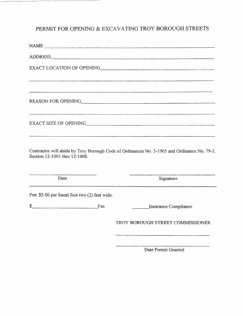 First page of the Permit for Opening and Excavating Borough Streets