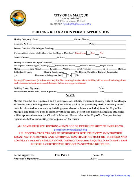 First page of the Building Relocation Permit Application