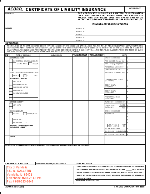 First page of the Certificate of Liability Insurance