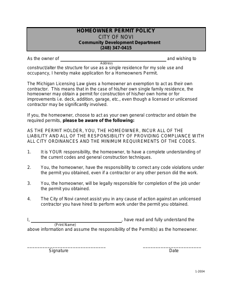 First page of the Homeowner Permit Policy
