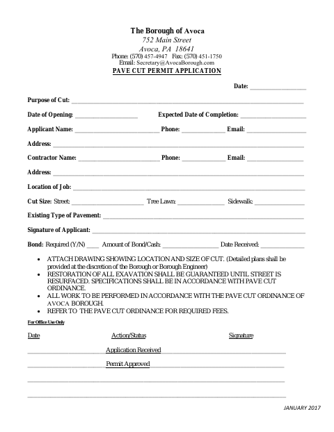 First page of the Pave Cut Permit Application
