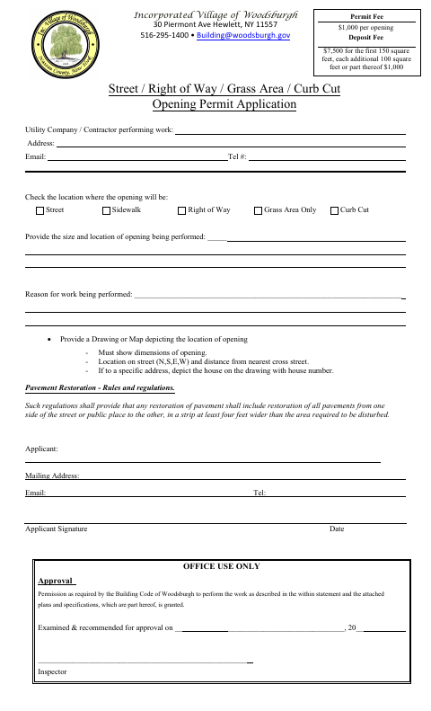 First page of the Street / Right of Way / Grass Area / Curb Cut Opening Permit Application