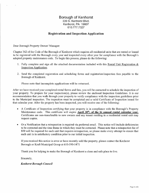 First page of the Rental Registration and Inspection Application