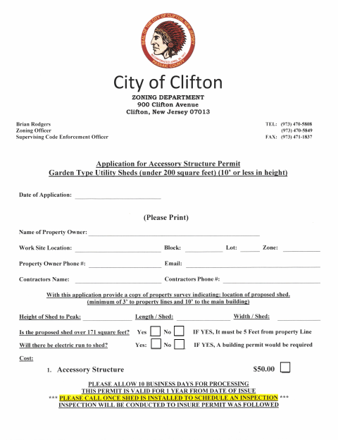 First page of the Accessory Structure Permit Application for Garden Sheds
