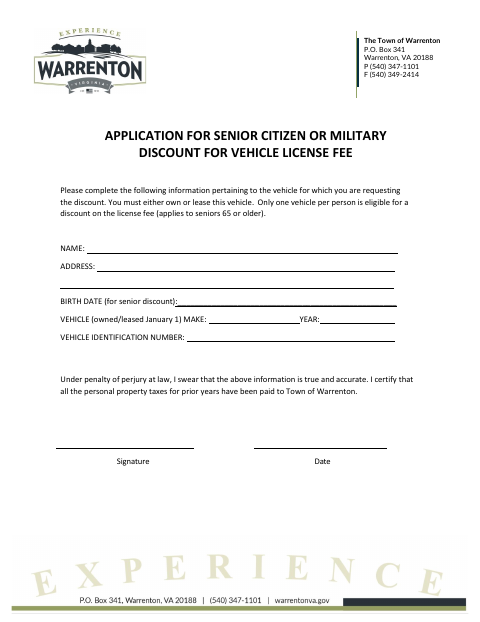 First page of the Application for Senior Citizen or Military Discount for Vehicle License Fee