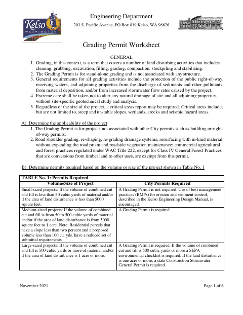 First page of the Grading Permit Worksheet