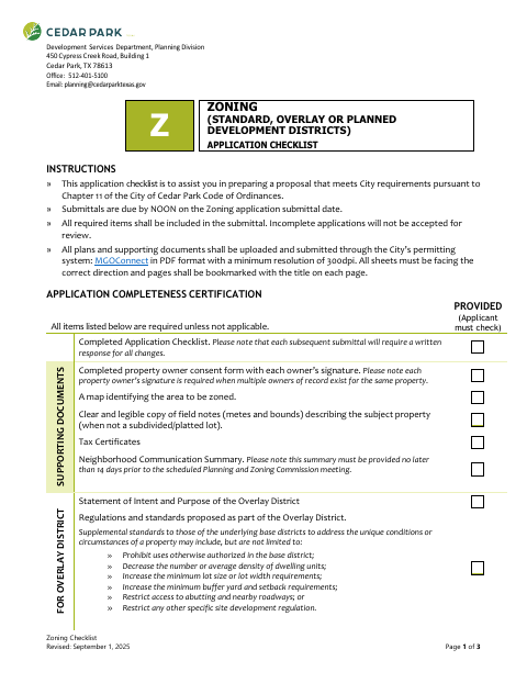 First page of the Zoning or Planned Development Application Checklist
