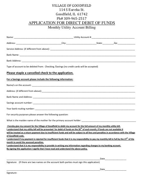 First page of the Application for Direct Debit of Funds