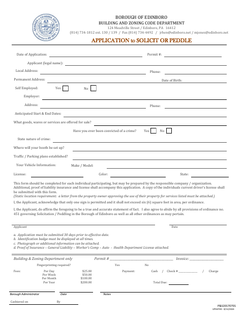 First page of the Application to Solicit or Peddle