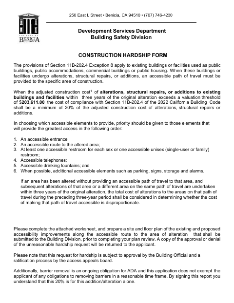 First page of the Construction Hardship Form