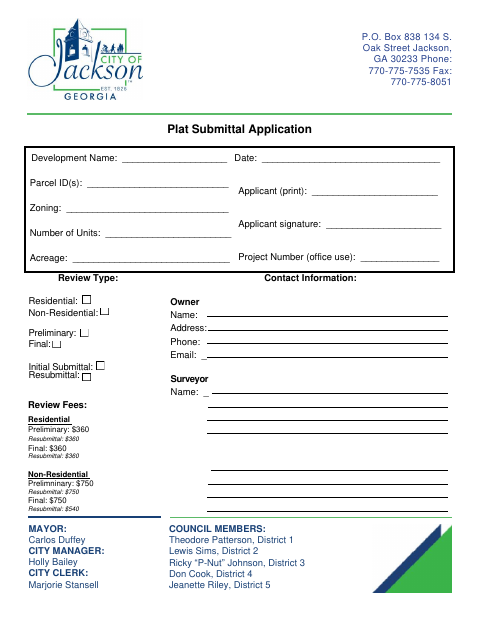 First page of the Plat Submittal Application