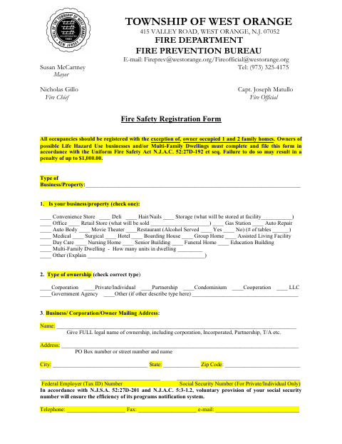 First page of the Fire Safety Registration Form