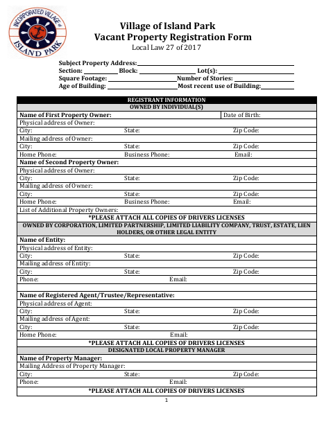 First page of the Vacant Property Registration Form