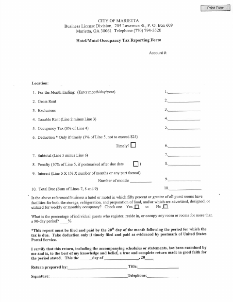 First page of the Hotel/Motel Occupancy Tax Reporting Form