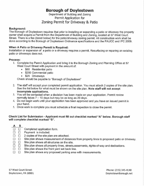 First page of the Driveway and Patio Zoning Permit Application
