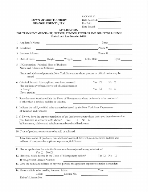 First page of the Transient Merchant, Hawker, Vendor, Peddler and Solicitor License Application