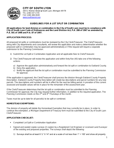 First page of the Lot Split or Combination Application