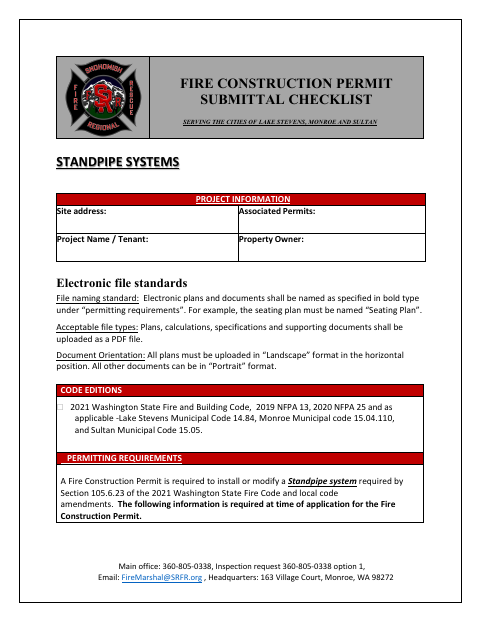 First page of the Standpipe Systems Submittal Checklist