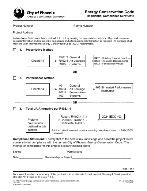 First page of the Energy Conservation Code Residential Compliance Certificate