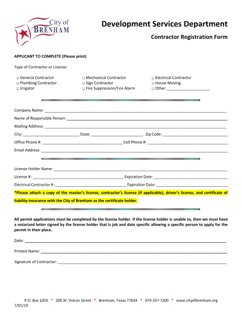 First page of the Contractor Registration Form