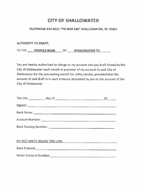 First page of the Utility Bill Draft Authorization