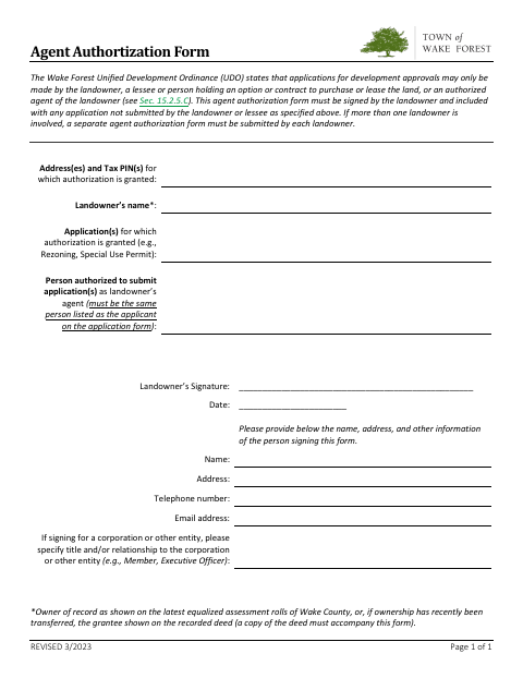 First page of the Agent Authorization Form