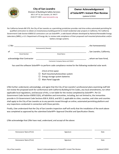 First page of the Owner Acknowledgement of SolarAPP+ Instant Plan Review