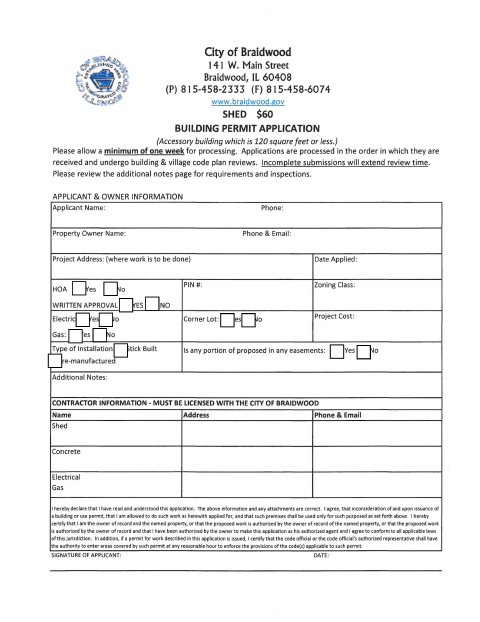 First page of the Shed Building Permit Application