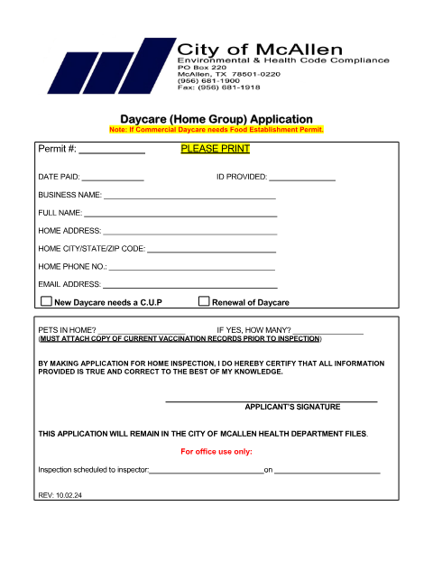 First page of the Daycare (Home Group) Application