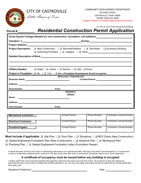 First page of the Residential Construction Permit Application