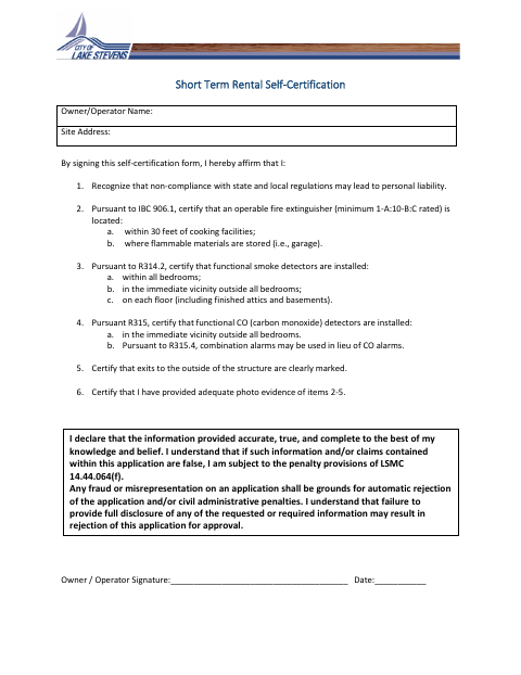 First page of the Short-Term Rental Self-Certification