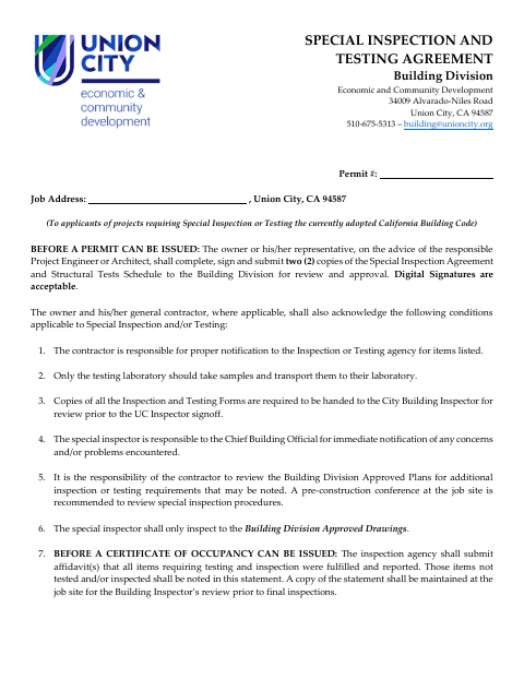 First page of the Special Inspection and Testing Agreement