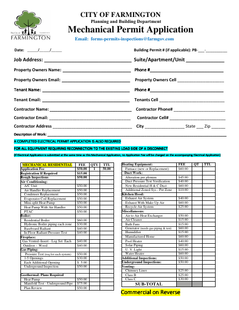 First page of the Mechanical Permit Application
