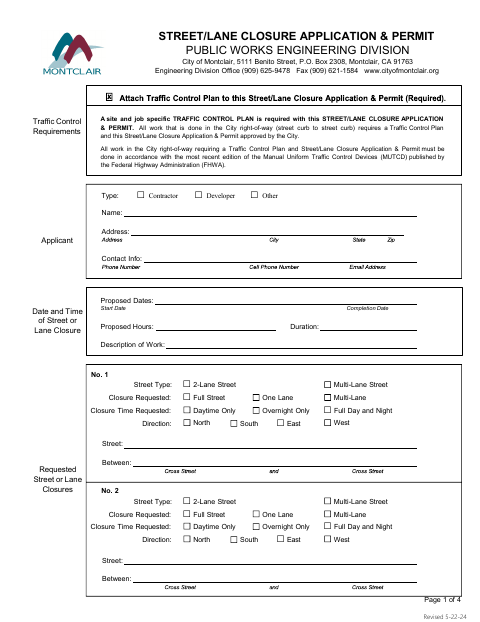 First page of the Street/Lane Closure Application & Permit