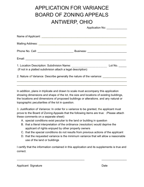 First page of the Application for Variance