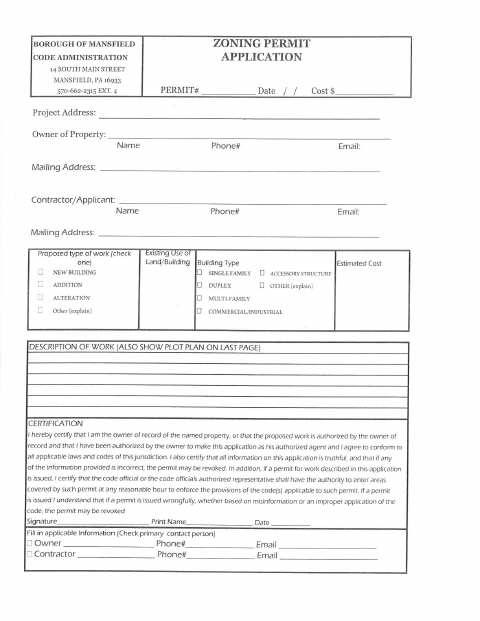 First page of the Zoning Permit Application