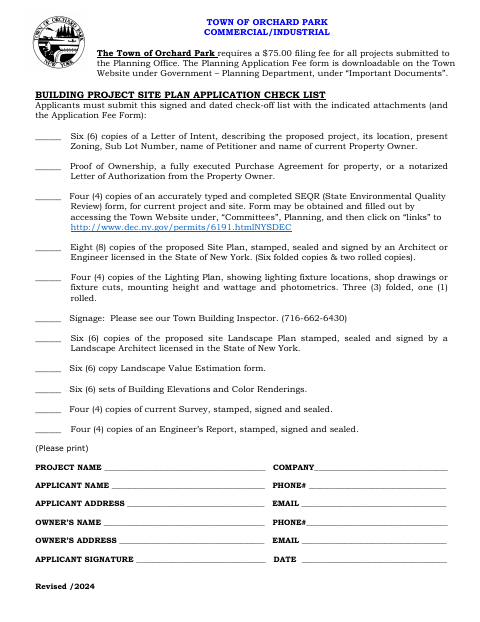 First page of the Building Project Site Plan Application Checklist