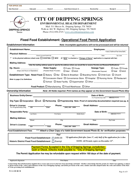 First page of the Fixed Food Establishment Operational Food Permit Application
