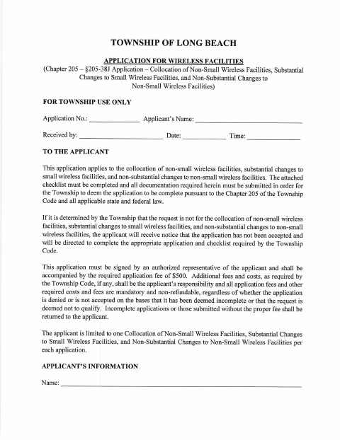 First page of the Wireless Facilities Collocation and Changes Application