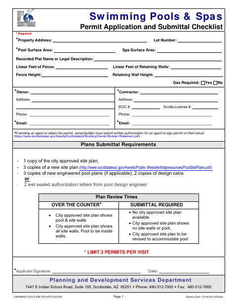 First page of the Swimming Pools and Spa Application