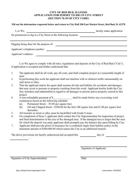 First page of the Dig in Street Permit Application