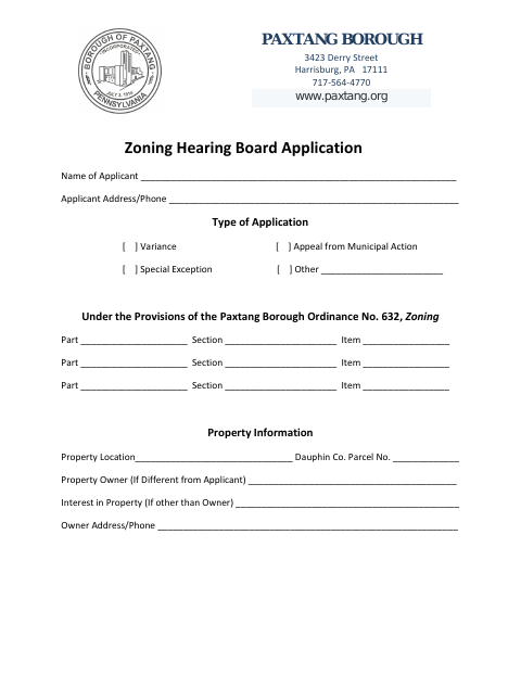 First page of the Zoning Hearing Board Application