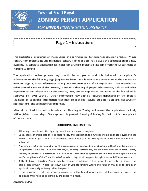 First page of the Zoning Permit Application For Minor Construction Projects
