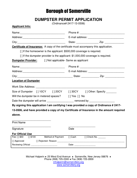 First page of the Dumpster Permit Application
