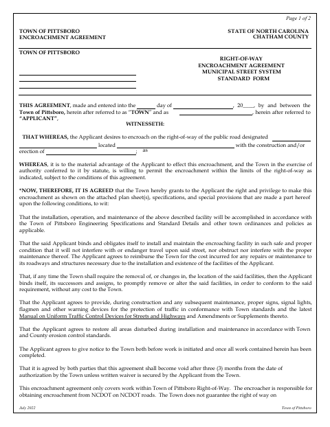 First page of the Utility Right-of-Way Encroachment Agreement