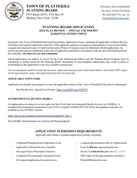 First page of the Planning Board Site Plan Review and Special Use Permit Application