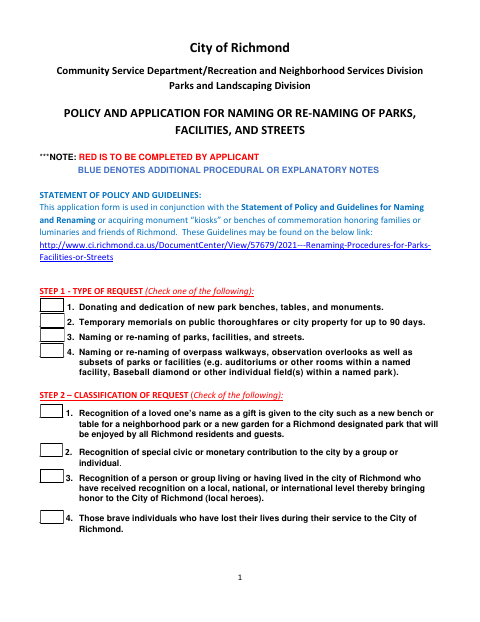 First page of the Policy and Application for Naming or Renaming Parks, Facilities, and Streets