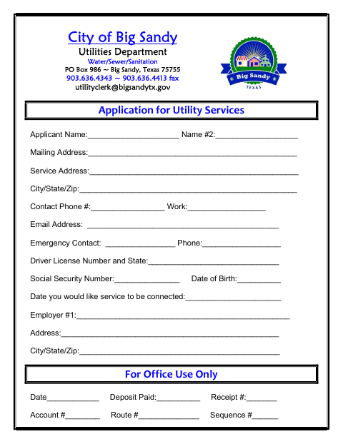 First page of the Application for Utility Services
