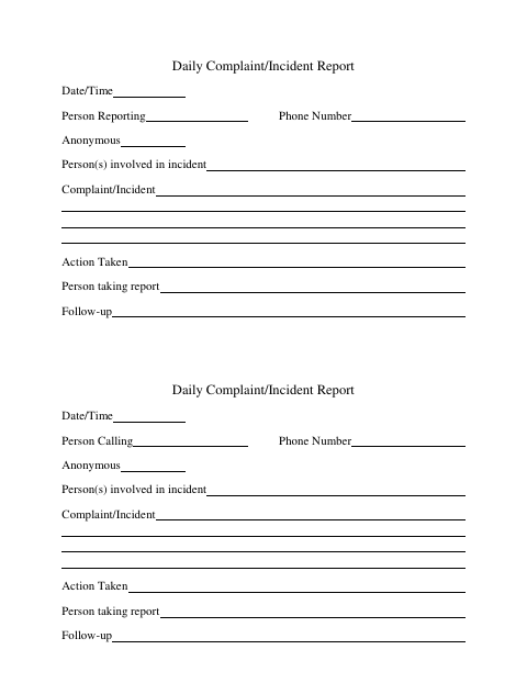 First page of the Daily Complaint/Incident Report