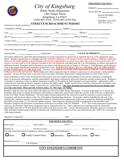 First page of the Street Encroachment Permit